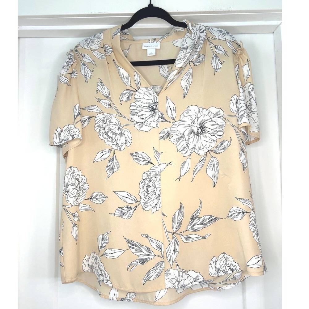 NEW Liz Claiborne Tan Floral Ruffle Shoulder Blouse Champagne Large Cottagecore